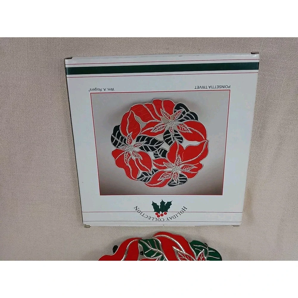Vintage Wm A Rogers Poinsettia Trivet Silverplate & Enamel 1986 Christmas Trivet